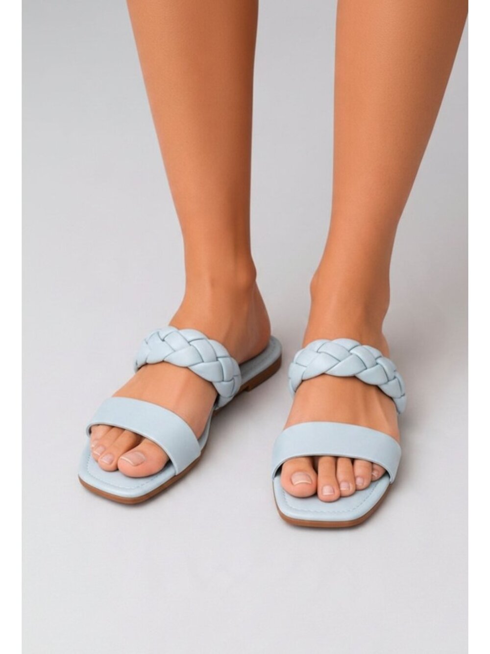 Light Blue Braided Double Strap Square Toe Flat Slide Sandals